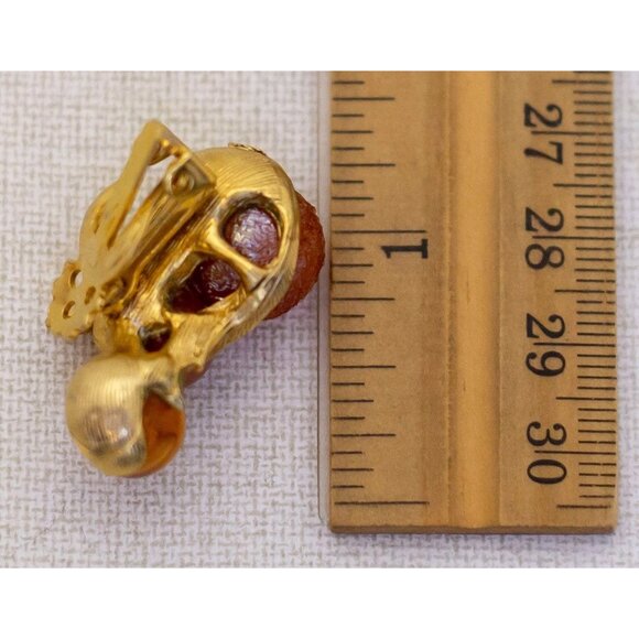 Vintage Red Beads Gold Tone Clip On Earrings - K1 - Picture 2 of 2